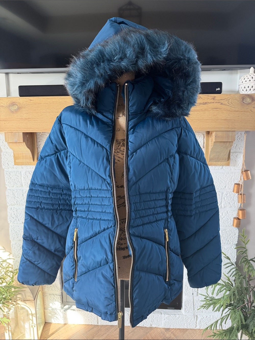 Guess Teal Blue Quilted Hooded Puffer with Faux Fur Trim